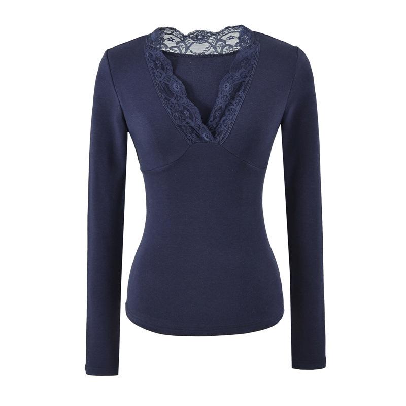 Korean Style Lace Trim V-Neck Slim-Fit Fleece Long Sleeve Women's Top