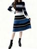 Damen Vintage Gestreiftes Strickpulloverkleid Mode Midikleid Herbst Winter Warme Kleidung