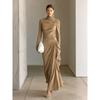 Women Solid Pleated Long Sleeve Fitted Bodycon Elegant Evening Long Dress