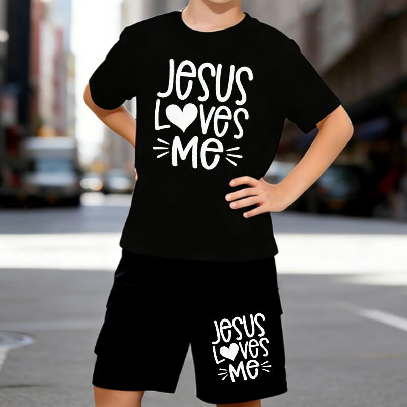 

Boys 2 Piece Jesus Loves Me Text Printed Outfit, Short Sleeve T-Shirt and Shorts Set for Kids Age 5-14,white,Black Sporty Casual Summer Clothes 5-6 Years чёрный