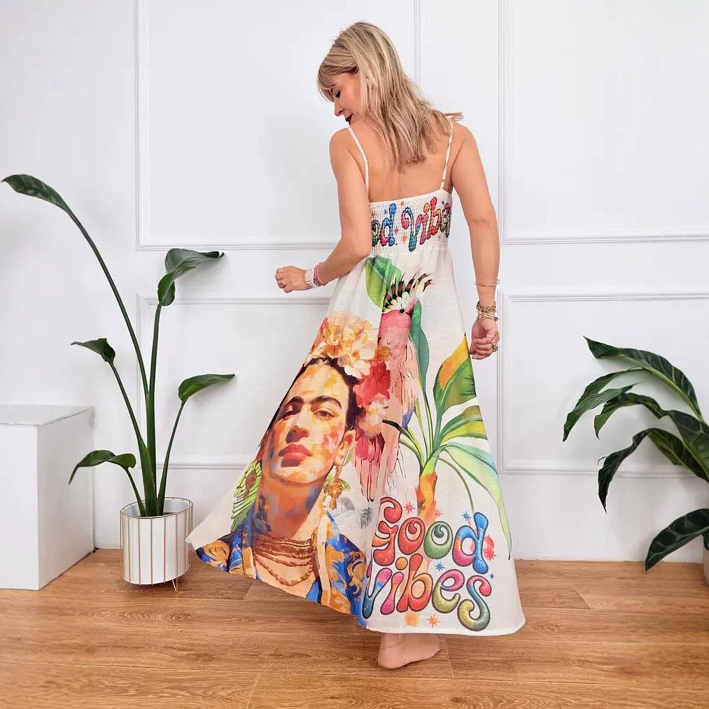 2026 European and American new dresses, positioning printing V-neck temperament A pendulum suspender dress women
