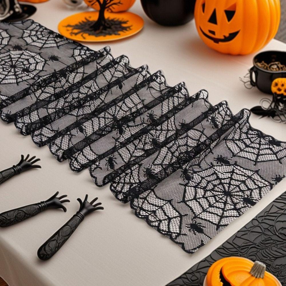 Black Color Black Lace Table Runner Long Length Spider Web Table Runner  Table Decor