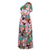 Women Spring Summer Strapless One-Shoulder Print Ankel-Length Dress V-neck High Waist