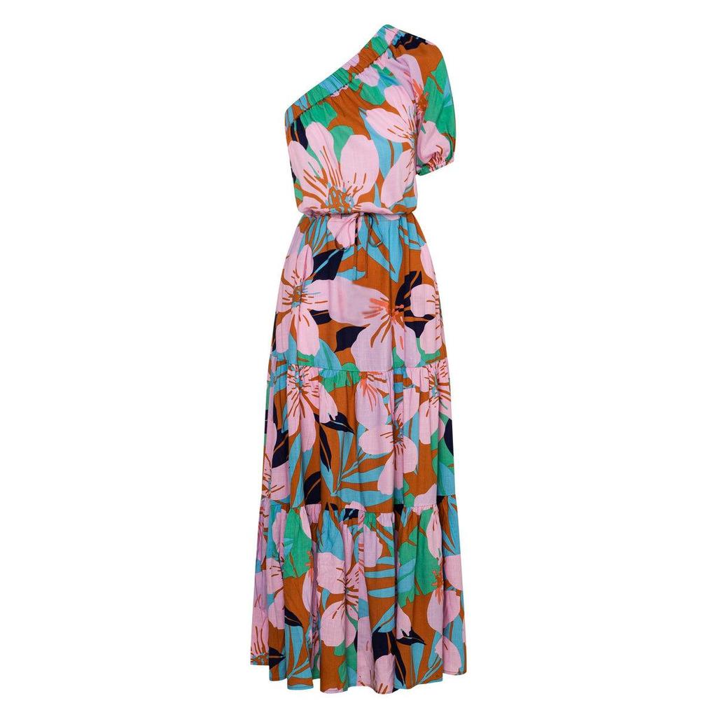 Women Spring Summer Strapless One-Shoulder Print Ankel-Length Dress V-neck High Waist