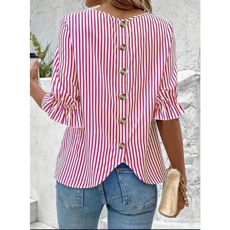 Fashion Striped Pattern Women Shirts Summer Five Quarter Sleeve Ladies Button Blouse 2XL Plus Size Casual Shirt