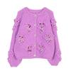 Women's Purple Beaded Round Neck Cardigan - Hand-crocheted Pom-pom Style for Autumn and Winter.