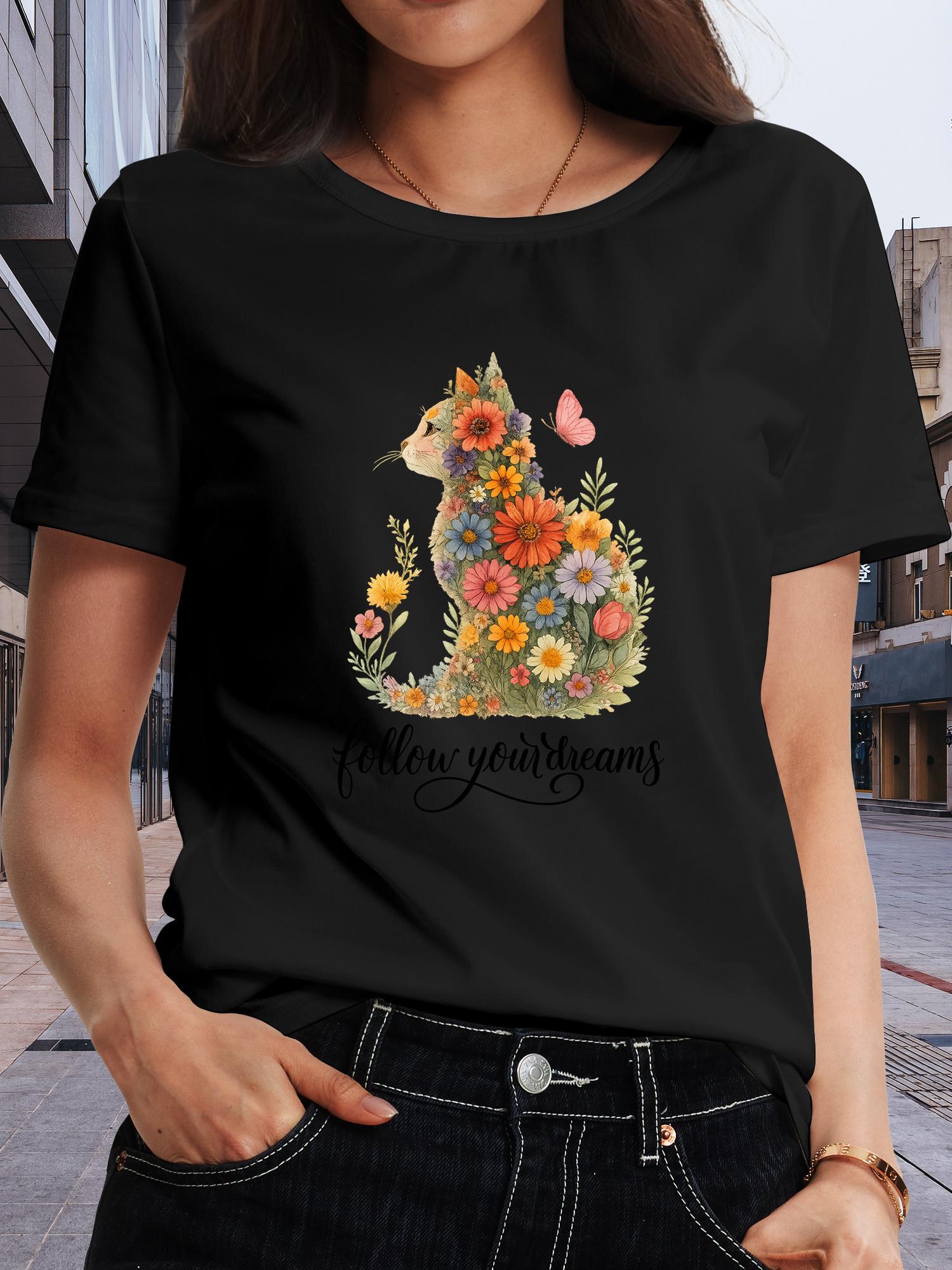 

European Size Women s Follow Your Dreams Floral Cat & Butterfly Print T-Shirt - Short Sleeve Round Neck Blouse 4XL чорний