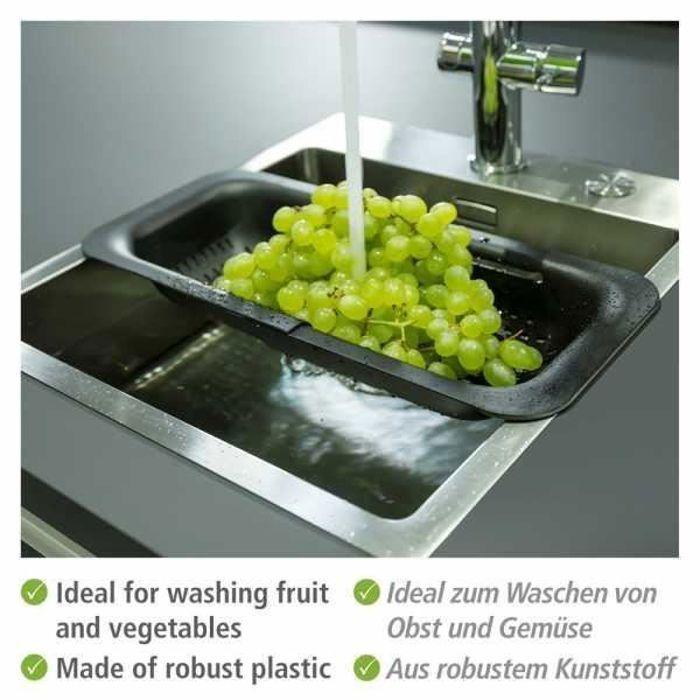 WENKO Passoire Pour Evier SIVO | Passoire Rétractable | Poignées Extensibles À Poser | Pâtes, Fruits, Légumes | 37 À 50 Cm | Noir