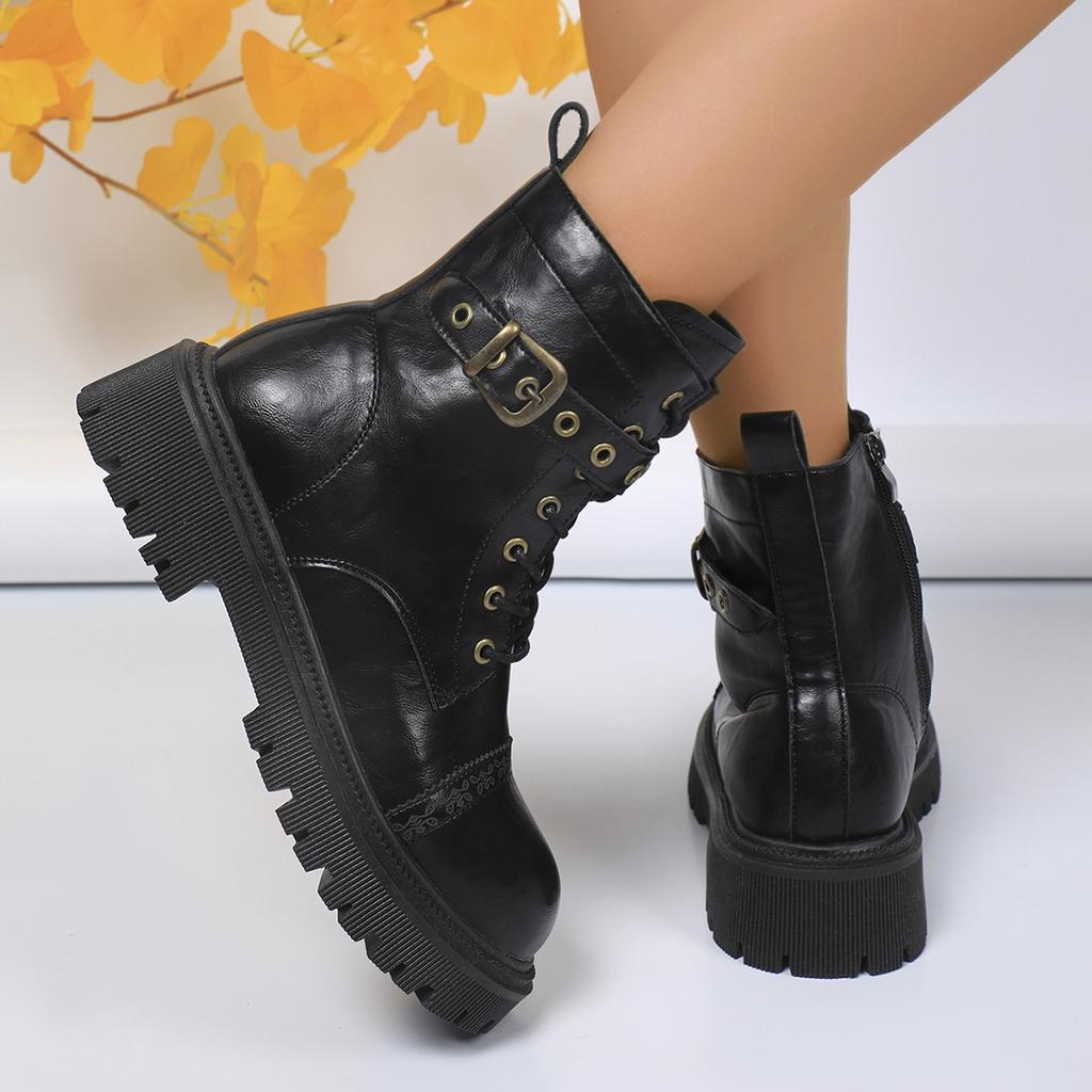 Mode Mode Metallschnalle Riemen Motorradstiefel Damen Herbst Winter Plateau Kampfstiefeletten Frau Wasserdicht PU Leder Stiefeletten