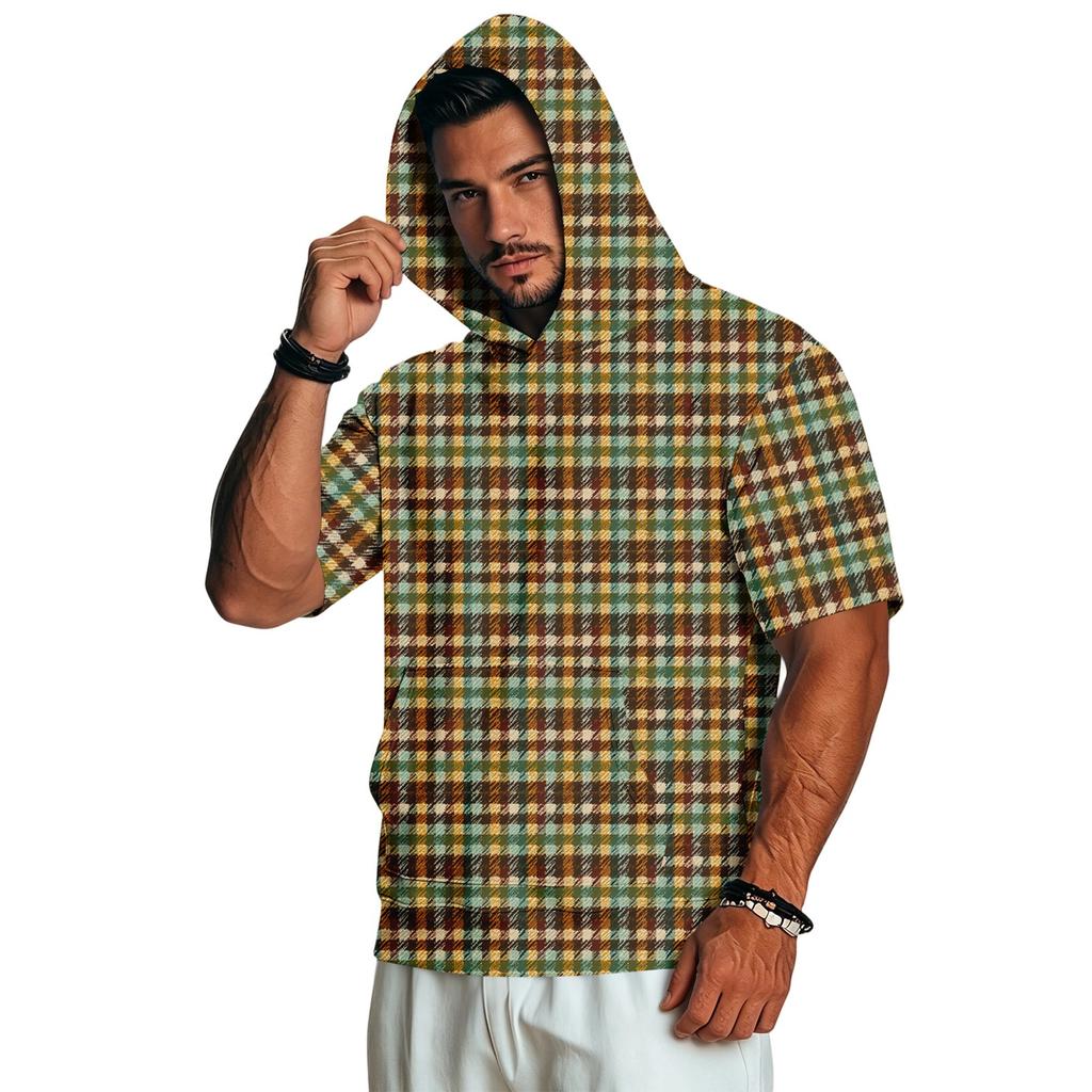 Men's Lightweight Retro Camouflage Print Hooded Short Sleeve Sweatshirt for Casual Daily Wear