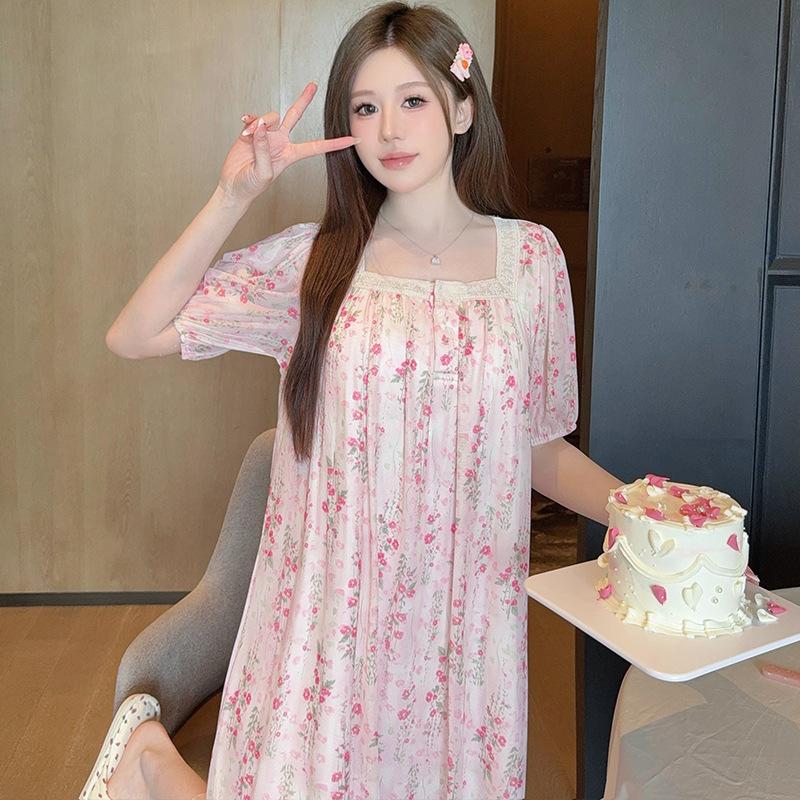Linglei Summer Princess Style Mesh Short-Sleeved Nightdress Court Style Lace Japanese Printed Pajamas Loungewear Women