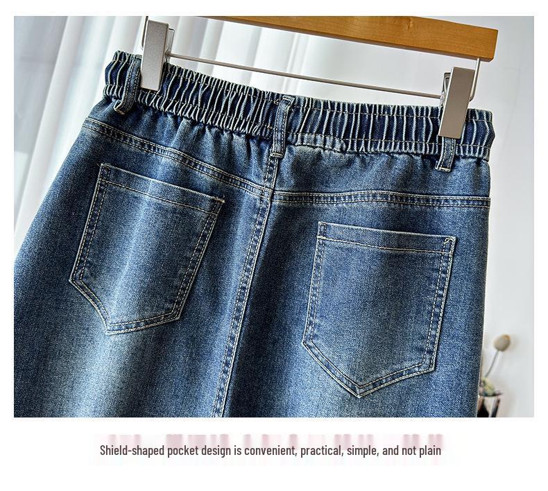 Autumn Women's Plus-Size Denim A-line Skirt with Front Slit, High Stretch, and Slimming Fit
