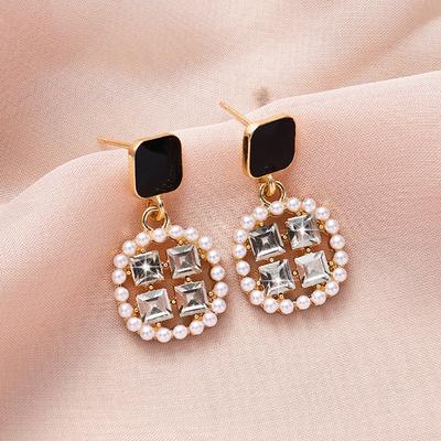 Round Imitation Pearl Square Crystal Dangle Drop Earrings For Women Jewelry Dainty Boucle Mujer Brincos