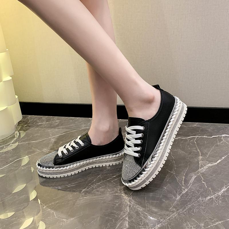 Fashion Aphixta 3cm Heels Crystal Lace Up Leather Flats Shoes Women Gold Bling Loafers Shoes Woman Flat With Casual Footwear Size 45