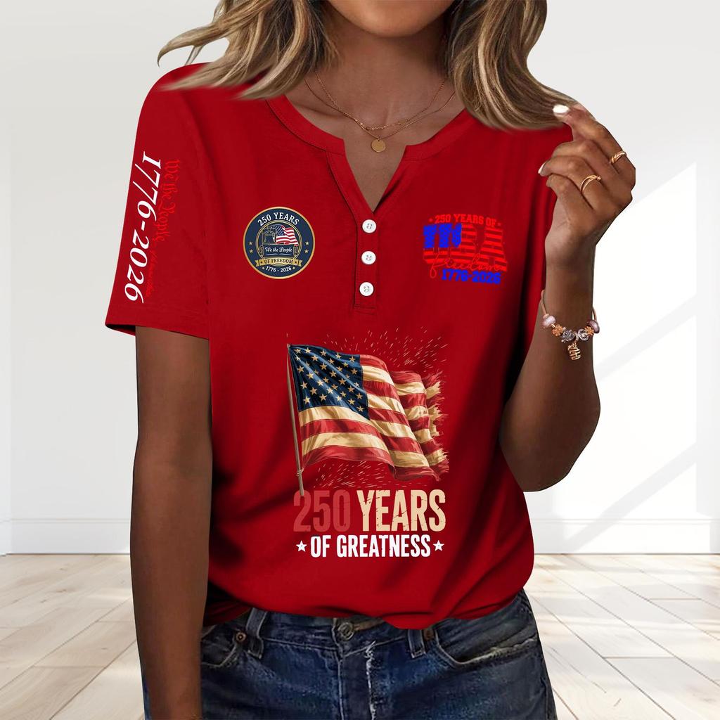 Damenmode Lässig 250. Jahrestag Unabhängigkeitstag Druck V-Ausschnitt Kurzarm Dekoriert Knopfleiste T-Shirt