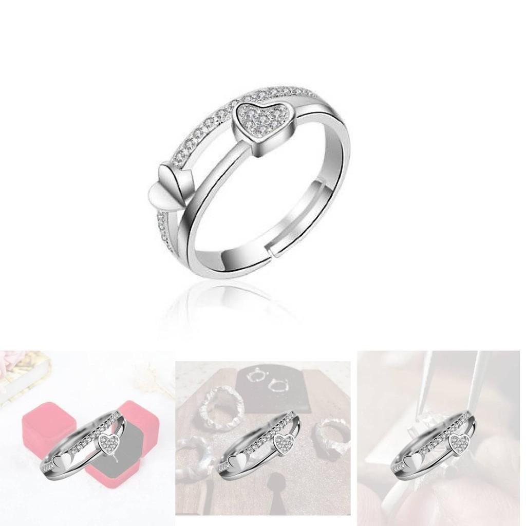 Three Jie Heart Shaped Diamond Inlaid Adjustable Opening Ring Wholesale Silver Jewelry