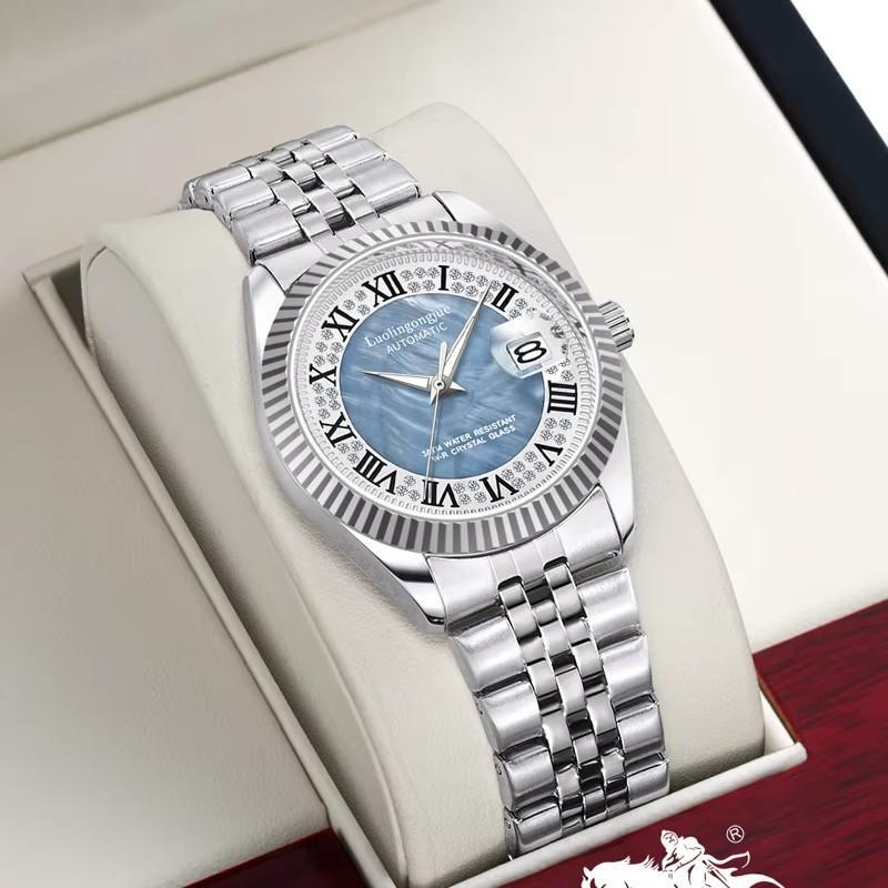 Herren Automatische Mechanische Uhr Weiß Perlmutt Zifferblatt Diamant Römische Ziffern Kalender Datum Edelstahl Armbanduhr