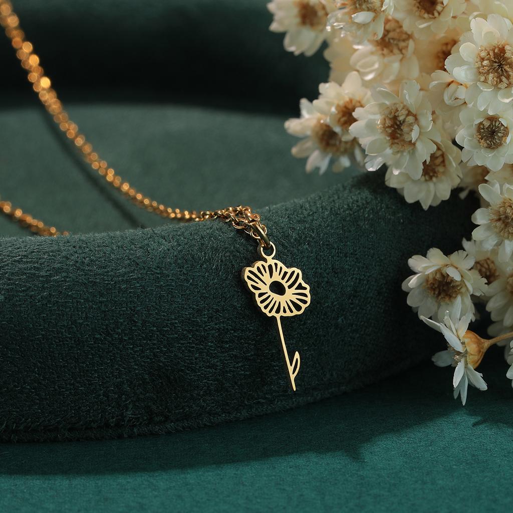 Kinitial Birth Flower Necklaces For Women Girls Stainless Steel 12 Month Flower Necklaces Birthday Jewelry Gift