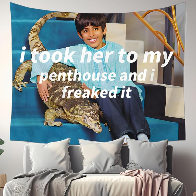 VIKAMA Bedroom Living Room Tapestry with i took her to my penthouse and i freaked it Funny Meme and Hilarious Lizard Boy