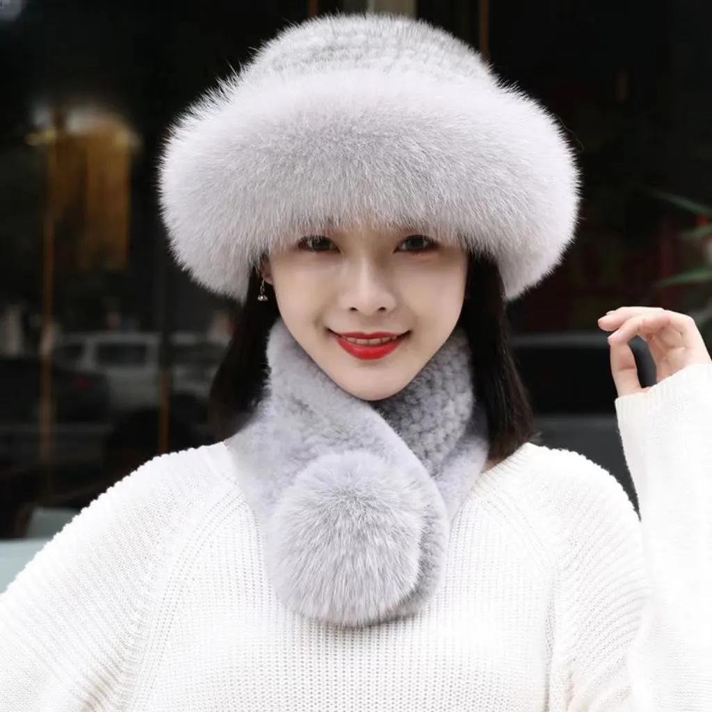 WTEMPO Soft Fuax Fur Thick Warm Scarf & Hat Sets Women's Solid Color Large Scarf + Hat Outdoor Windproof Cold-proof Accessories