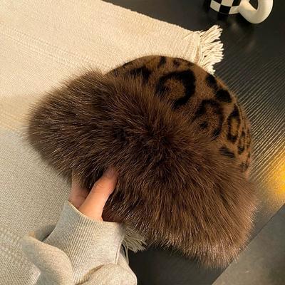 Kepurė Moteriška Sutirštinta Retro Leopardo Rašto Vienspalvė Ausų Apsaugos Kepurė Parodo Mažą Veidą Mongolijos Šaltas Vėjas Gatvės Arbūzo Žievės Terminė Dubens Kepurė