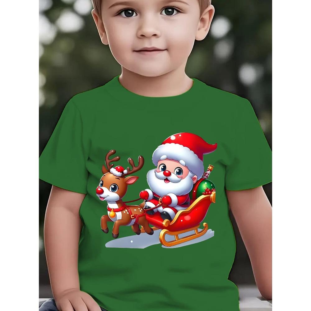 Summer Children's Fashion T-shirt Christmas Santa Claus Printed Outdoor Casual Parent Child Top Sitting on Elk Sled