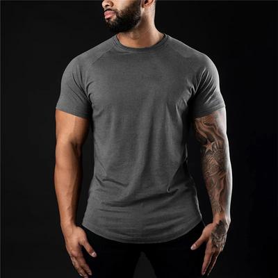 Einfaches Fitness-T-Shirt Herren Sommer Fitnessbekleidung O-Ausschnitt Kurzarm T-Shirt Baumwolle Slim Fit T-Shirt Bodybuilding Trainings-Tees Tops