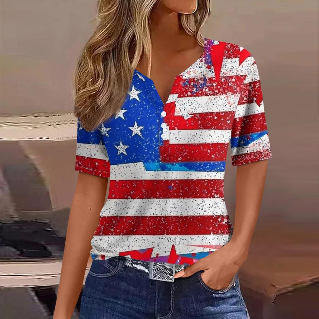 Dámské tričko Tričko Potisk knoflíku Krátký rukáv Denní víkend Móda Basic Top s výstřihem do V