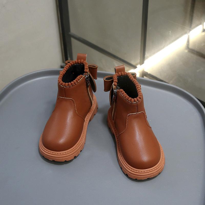 Girls fashion short boots 2025 new spring and autumn children's foreign style bow princess leather boots girls versatile Martin boots