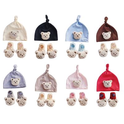 Windproof Hat and Floor Socks Set for Infants Cute Bear Baby Beanie Cap, Newborns Knotted Hats Cartoon Toddlers Bonnet