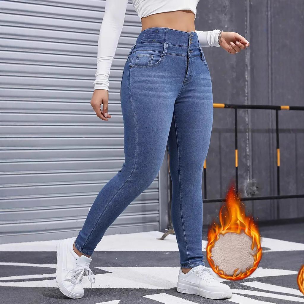 Women's Mid Rise Skinny Jeans Slim Fit Private Noble Fleece Lined Winter Women Denim Trousers