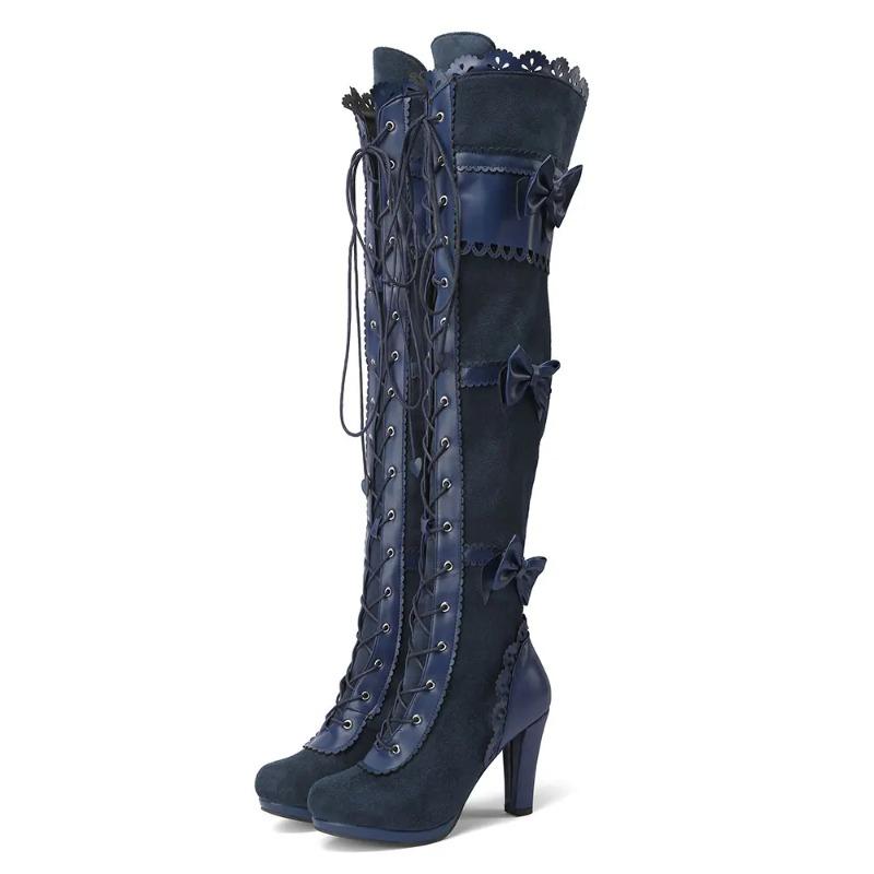 Fashion 2025 Big Size 43 Women's Black Goth Over knee Boots Lace Up Retro Gothic Black High Heels Boots Vampire witch Cosplay Shoes Bow