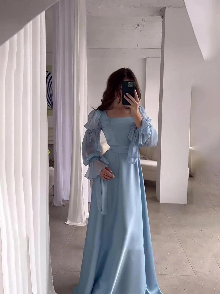 Elegante dame Street Wear Vrouwen Chiffon Satijnen Avondjurk Effen Kleur Vierkante Kraag Riem Flare Mouw Geplooide Vrouwelijke Jurken