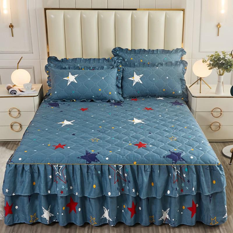 Fustă de pat prințesă matlasată cu dantelă în stil coreean – Cuvertură de pat groasă, din mătase periată, rezistentă la praf