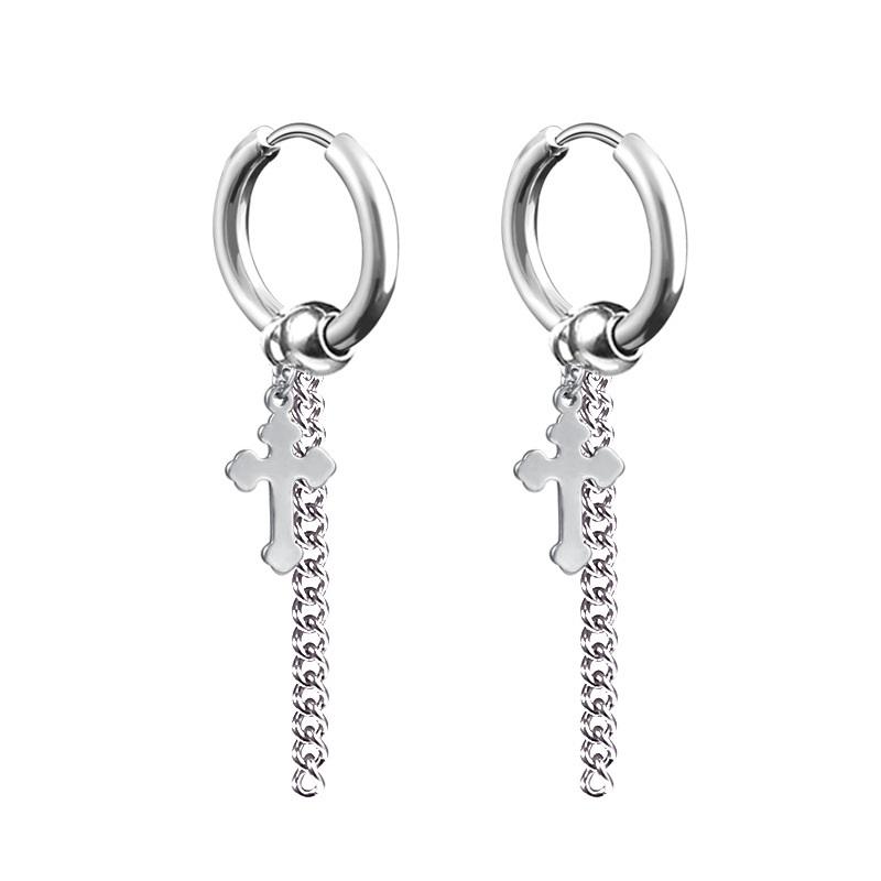 Newest 1 Pair Stainless Steel Cross Pendant Dangle Long Tassel Unisex Hoop Earrings Men/Women Punk Gothic Zircon Best Gifts