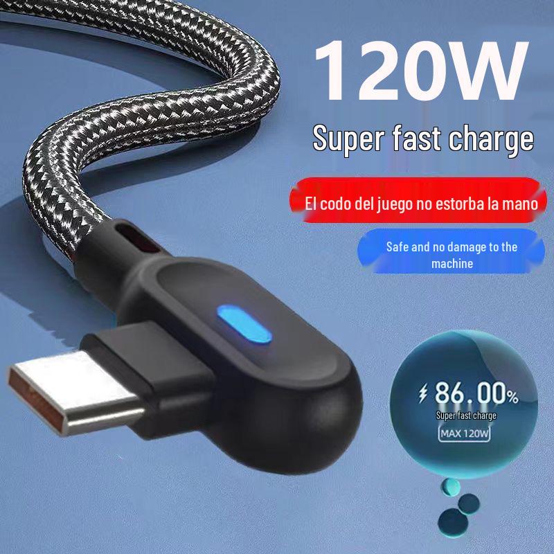 Dual Elbow Nylon Braided Fast Charging Cable for Apple, Android, Type-C with LED Light