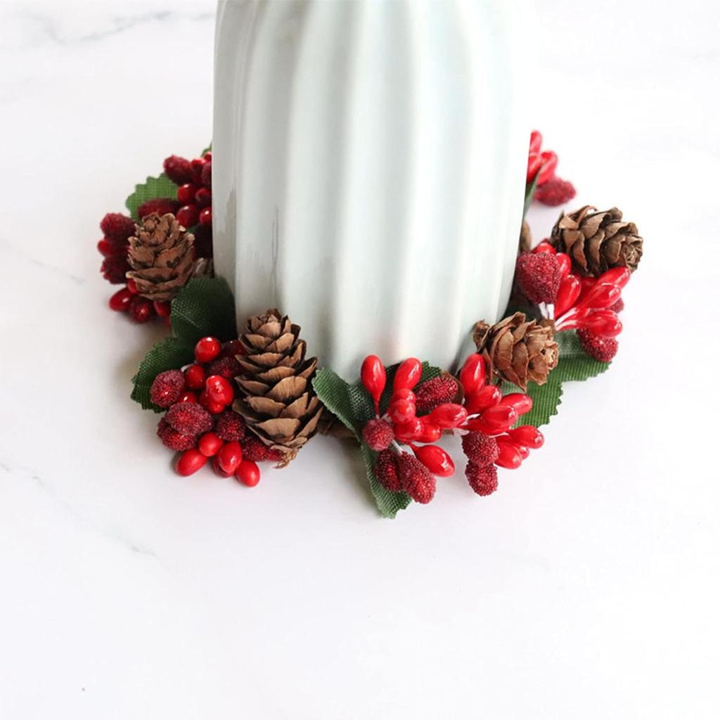 4 Pcs Christmas Candle Rings, Red Berry Pine Cone Wreath for Candle Holders Festival Table Decoration for Christmas Thanksgiving Harvest Day