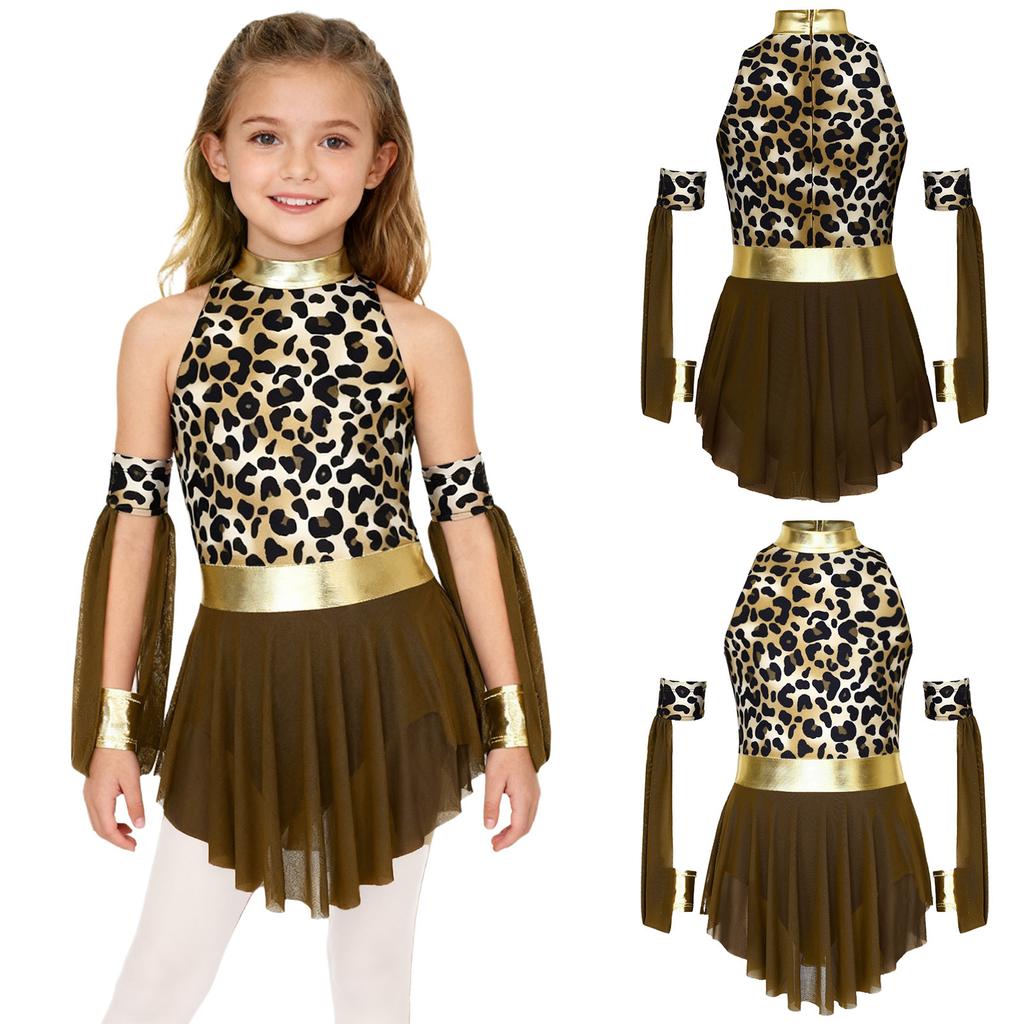 Girls Prehistoric Costume Leopard Print Dress with Built-in Briefs & Oversleeves Metallic Gloss for Performance