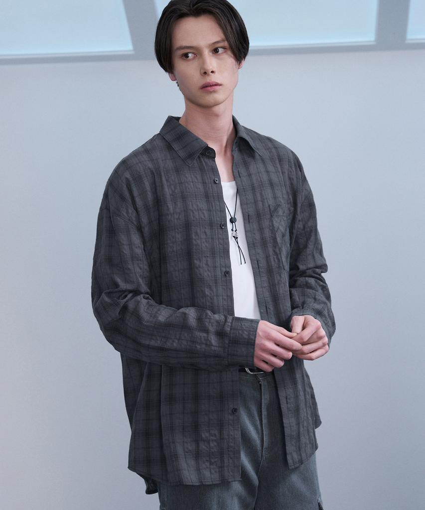 DRAW FIT Seersucker Smoke Check Shirt [Charcoal]