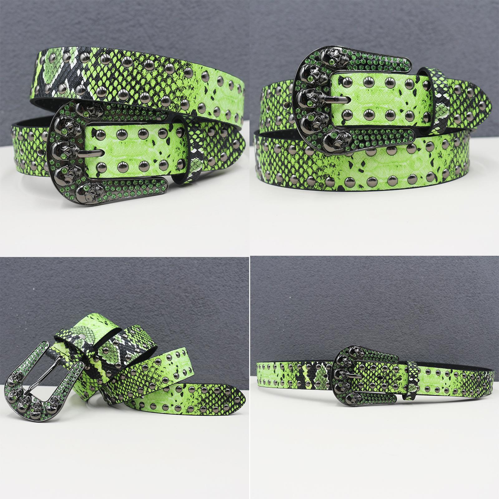 

Ремень со стразами и черепами, заклепки, панк-декор, мужской и женский ремень Abi, декоративный ремень с питоновым узором 125cm
