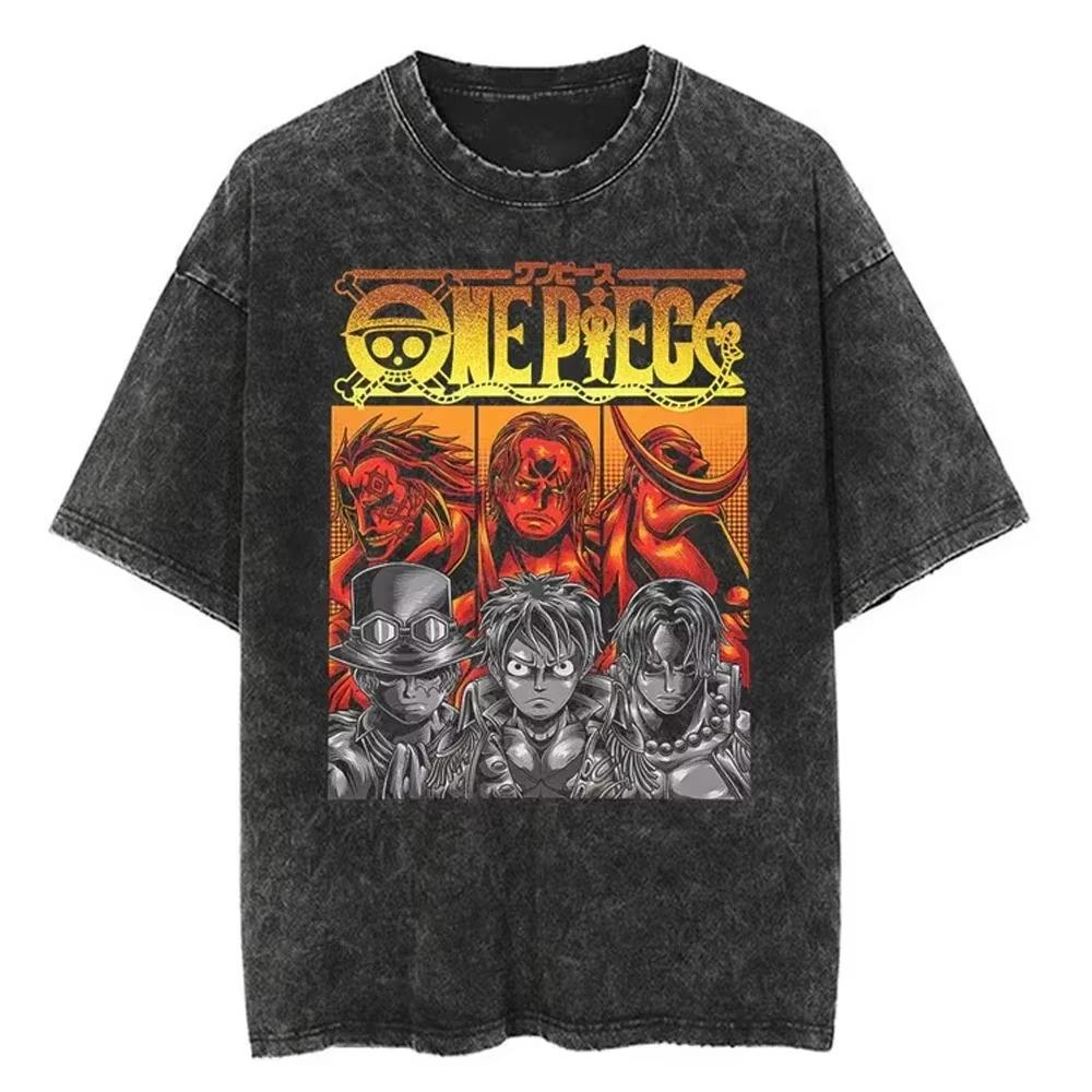 Nika Luffy Gear  ONE PIECE Anime Harajuku Retro Washed Tshirt  Cotton Men Streetwear Women Short Sleeves Unisex Top