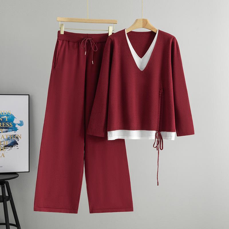 Women's Trendy Two-Piece Set: Drawstring Fake Two-Piece Sweater & Wide-Leg Pants - Long-Sleeved Knitwear for Spring & Autumn