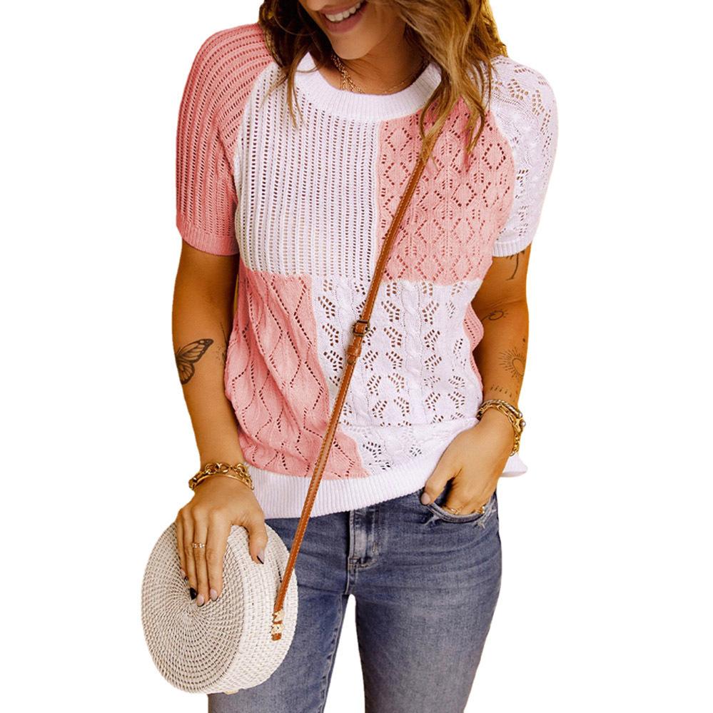 Summer Women Fashion Color Stitching Knitted T-shirt Loose Hollow Casual Tee