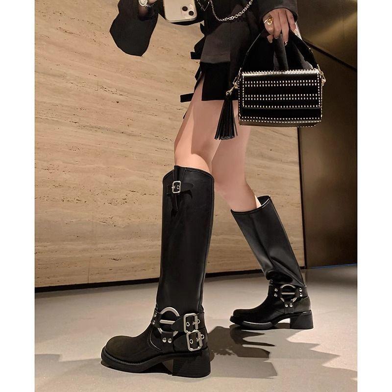 Sweet and Cool Spice Girl Style Belt Buckle Thick Heel High Boots Women's 2025 Autumn New Square Head Boots Polished Locomotive Rider Boots