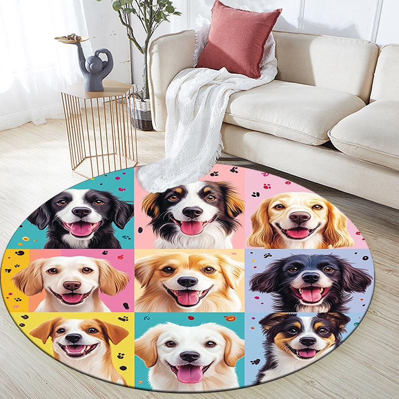 Happy Dog Round Area Rug,Carpet Rug for Living Room Bedroom Sofa Playroom Decor,Non-slip Floor Mat