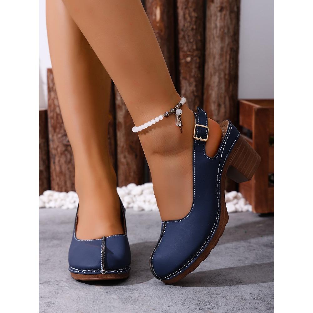 Plus Size Women Retro Block Heel Sandals, Buckle Design Comfort High Heels Outdoor Beach Vacation Shoes