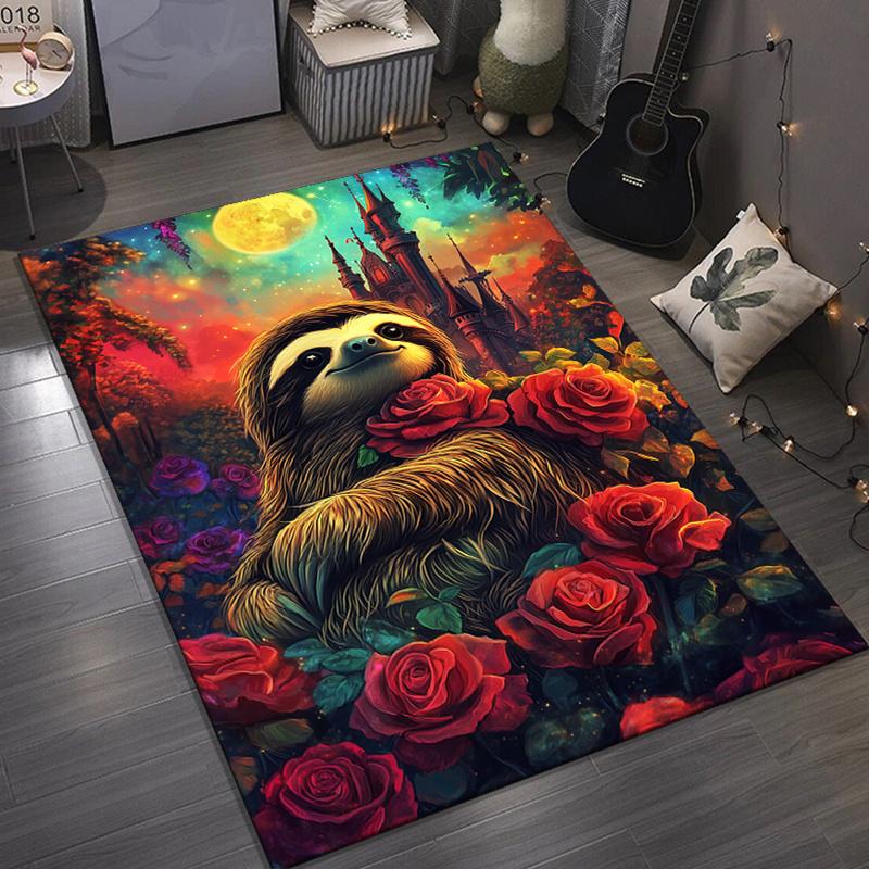 Sloth with Roses Rug for Romantic Living Rooms - Exotic Animal Prints, Beautiful Floral Designs, Luxurious Home Furnishings