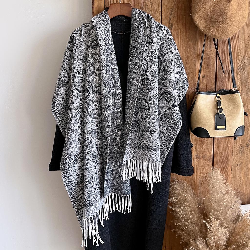 Modischer Warmer Kaschmirschal für den Winter - Damen-Fransen-Vintage-Blumen-Ölgemälde-Druck-Pashmina-Dicker Schal & Poncho