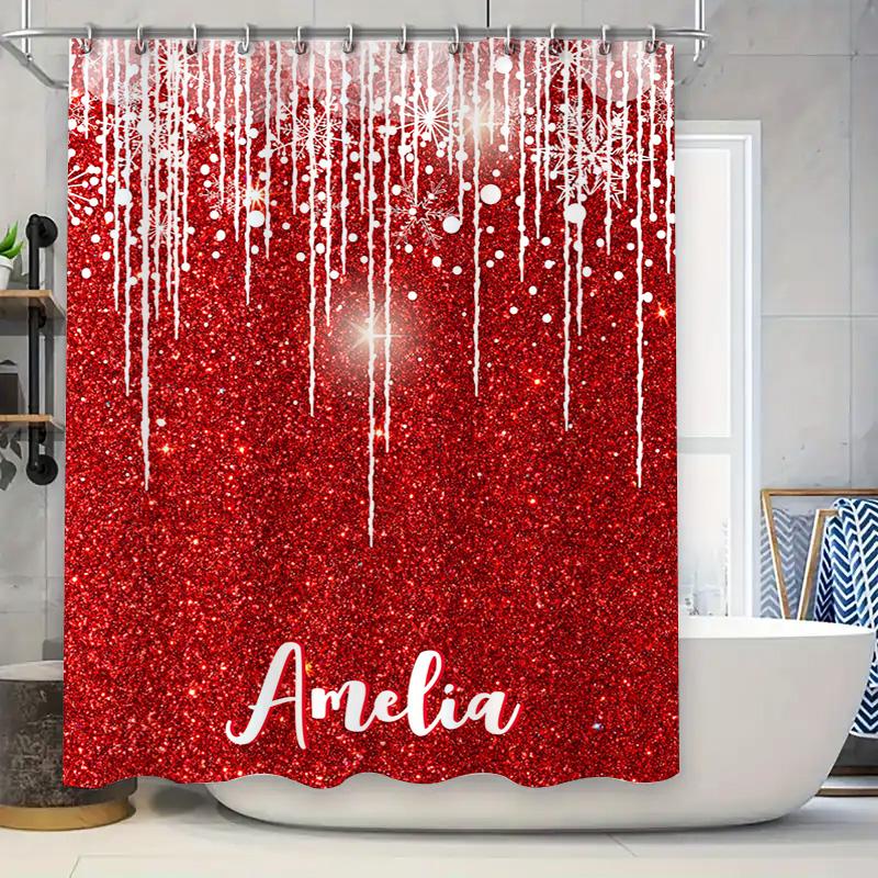 

Shiny Red Christmas Shower Curtain With Name For Bathroom Decorations Waterproof Bath Rug Sets Gift Idea W60H190(CM)-1 Pcs