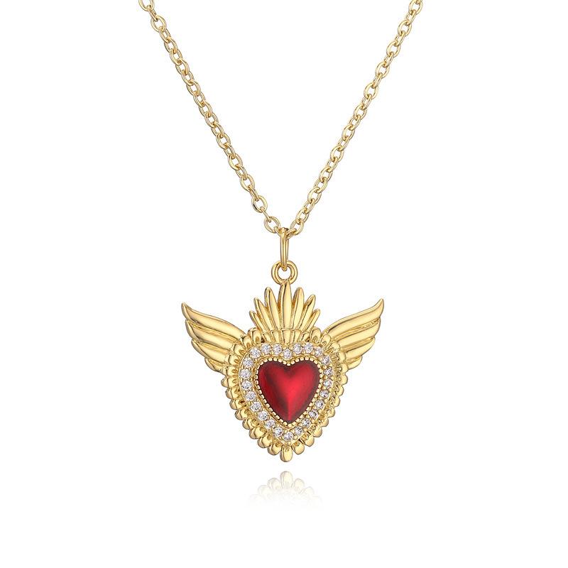 Love Wings Pendant Necklace for Women, European and American INS Fashion Versatile, Copper Plated Real Gold Zircon Drip Oil